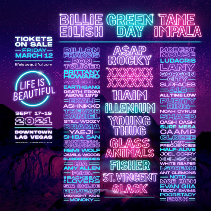 Billie Eilish, Green Day et Tame Impala devraient faire la une de l'édition 2021 de Life Is Beautiful à Las Vegas.