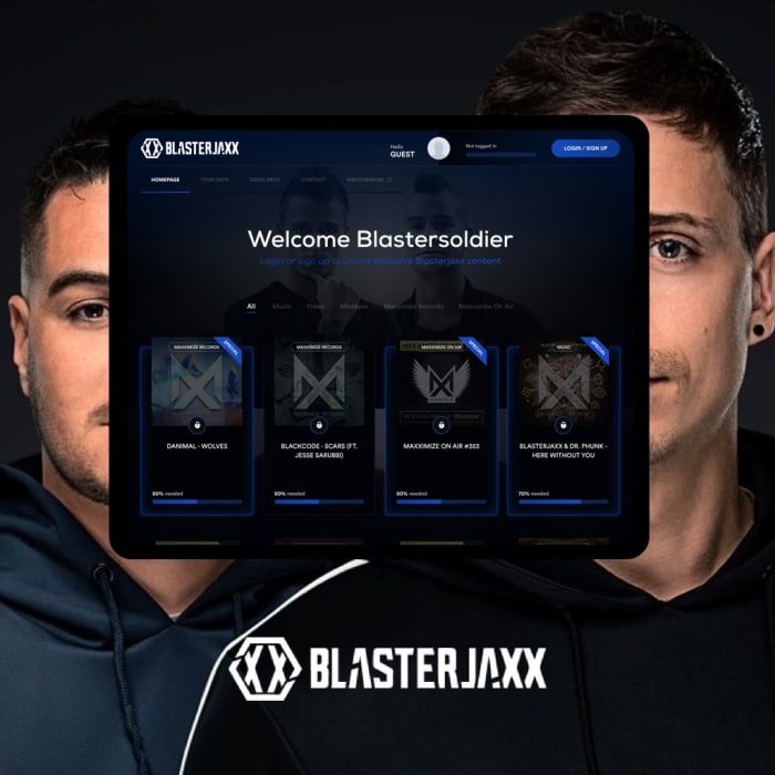 Le Néerlandais DJduo Blasterjaxx a utilisé Fangage pour héberger et fournir un accès anticipé à leur musique et à un contenu exclusif pour leur communauté de fans "Blastersoldier". 