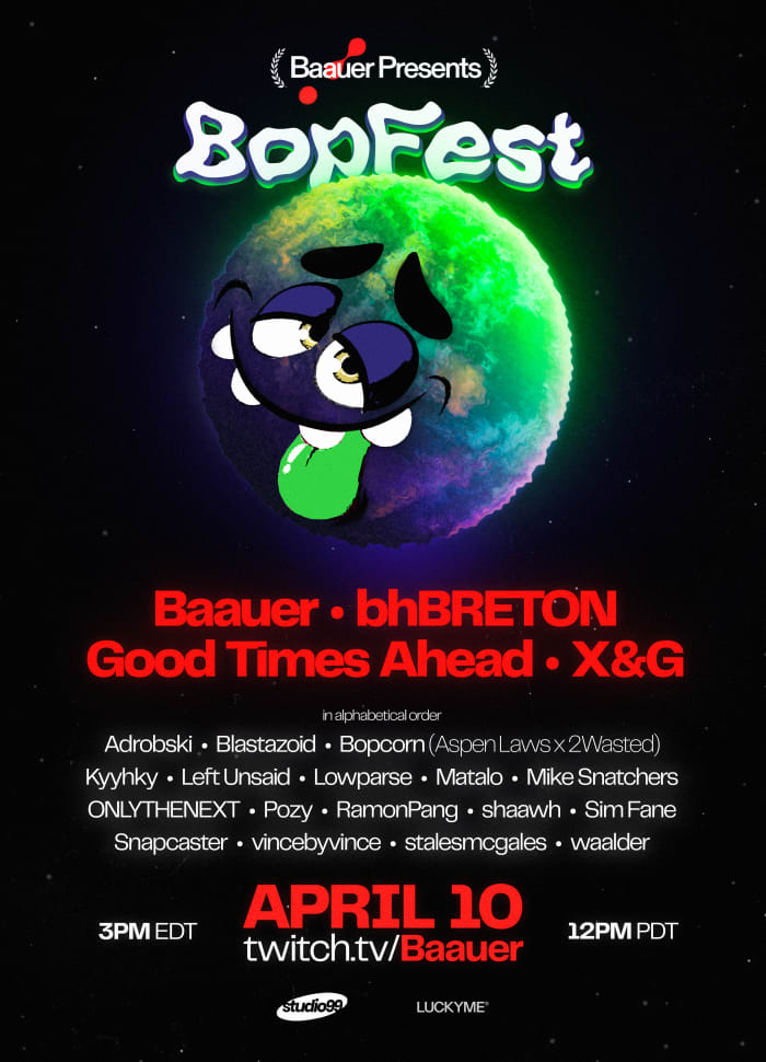 Flyer pour BOPFEST, le tout premier festival virtuel de l'artiste de musique électronique Baauer, nominé aux Grammy Awards.
