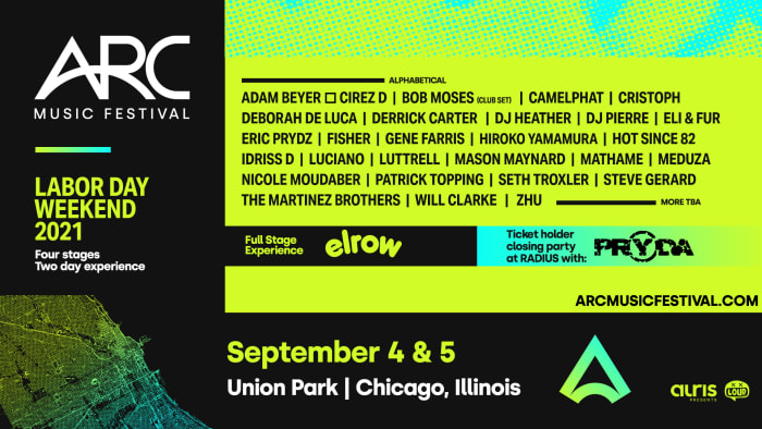 Flyer pour le festival de musique ARC de Chicago pendant le week-end de la fête du Travail 2021, mettant en vedette Eric Prydz, ZHU, Nicole Moudaber et bien d'autres.