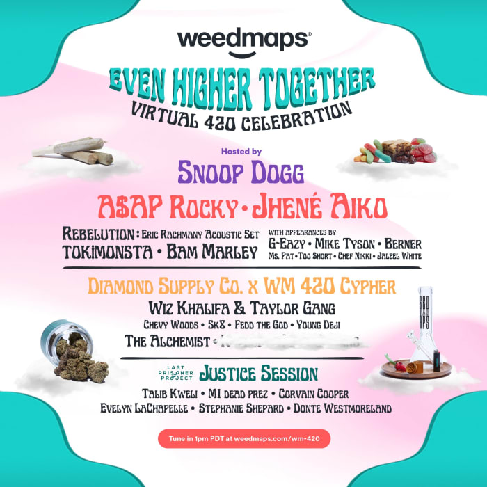 La gamme de Snoop Dogg's "Célébration virtuelle 420 encore plus élevée" comprend TOKiMONSTA, A $ AP Rocky, Jhené Aiko, Mike Tyson et G-Eazy, entre autres.