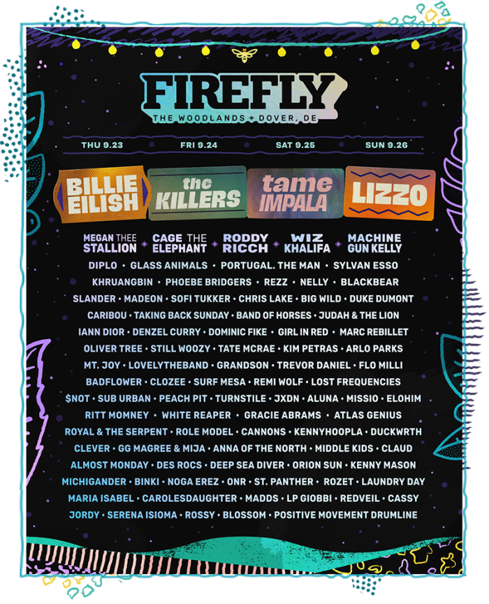 Flyer pour l'édition 2021 du Firefly Music Festival, qui mettra en vedette les têtes d'affiche Billie Eilish, The Killers, Tame Impala et Lizzo.