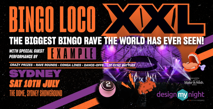 Flyer pour Bingo Loco XXL, le "La plus grande rave de bingo au monde" mettant en vedette l'artiste anglais emblématique Example.