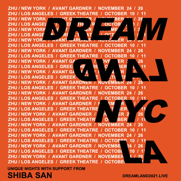 Flyer pour les concerts en tête d'affiche des concerts ZHU DREAMLAND 2021 à New York et Los Angeles.