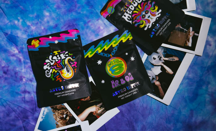 Emballage de la gamme de cannabis Astro Hippie de GRiZ.