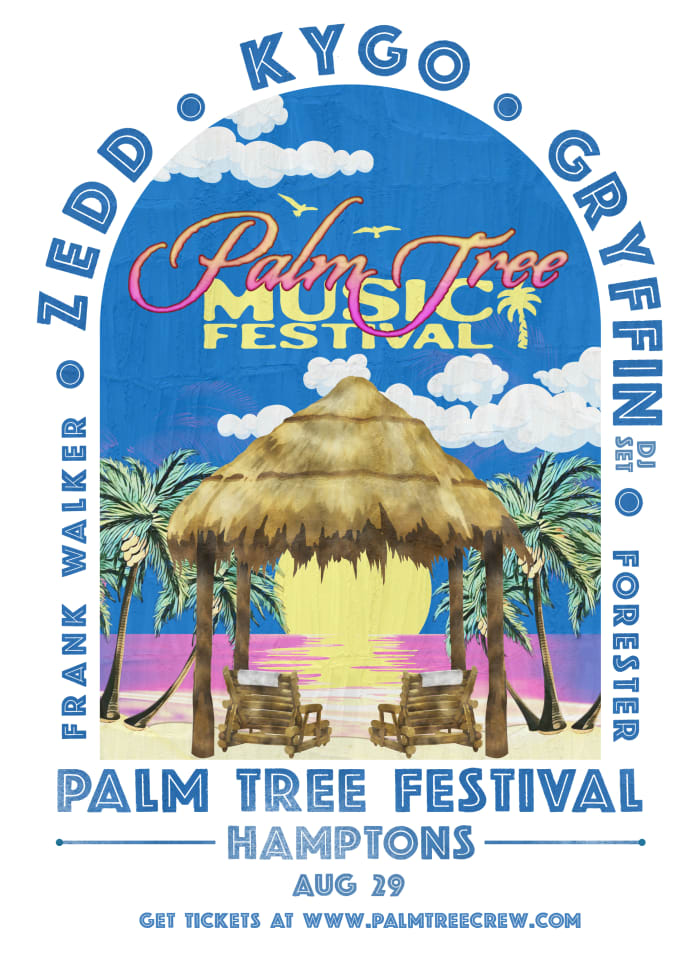 Flyer pour le premier Palm Tree Music Festival mettant en vedette Kygo, Zedd, Gryffin et plus encore.