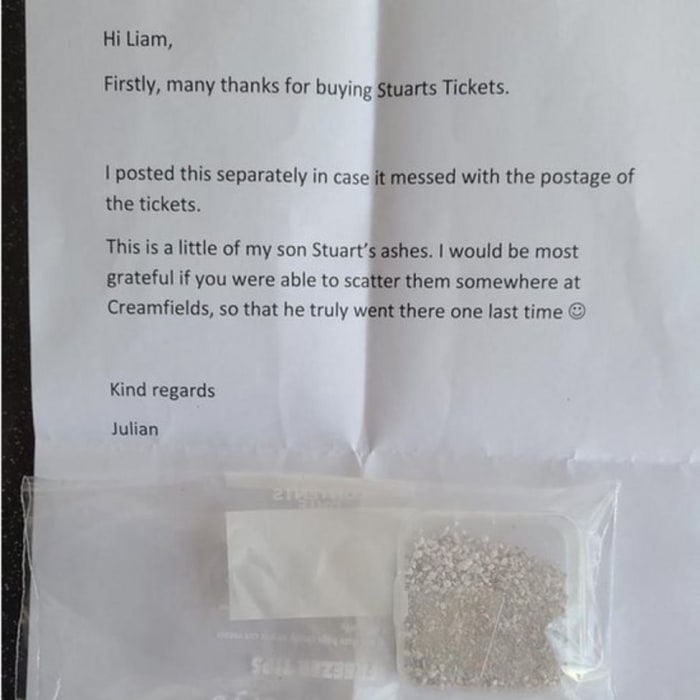Le père de Stuart a écrit une lettre aux Millen leur demandant de disperser ses cendres à Creamfields. 