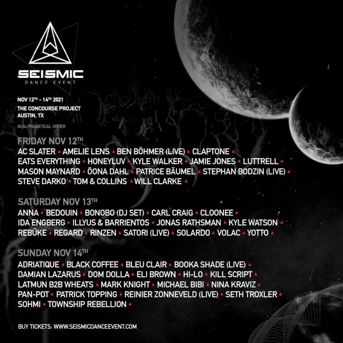 Flyer Seismic Dance Event pour leur quatrième édition du 12 au 14 novembre 2021.